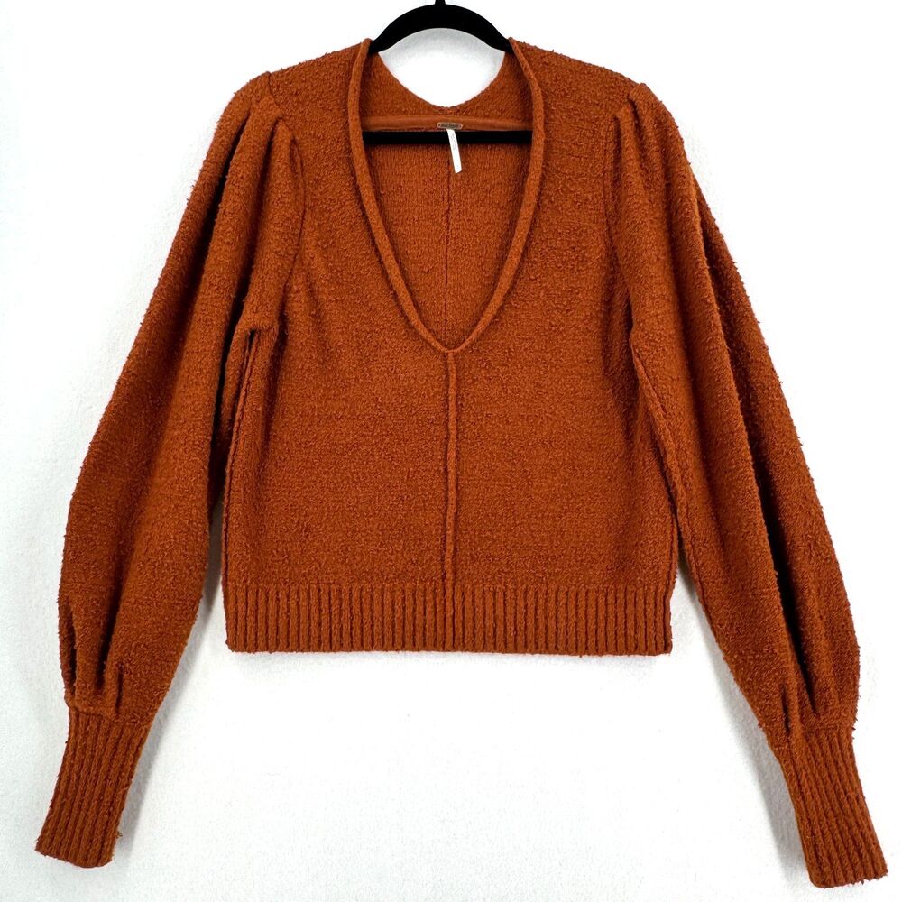 Free People Reverie Sweater S Rust Orange V Neck Puff Sleeve Cropped Knit Boho